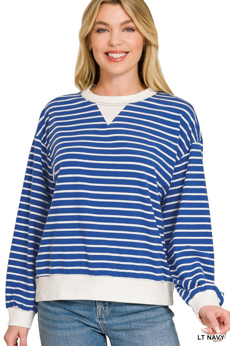 Striped Rib Banded Pullover - Navy