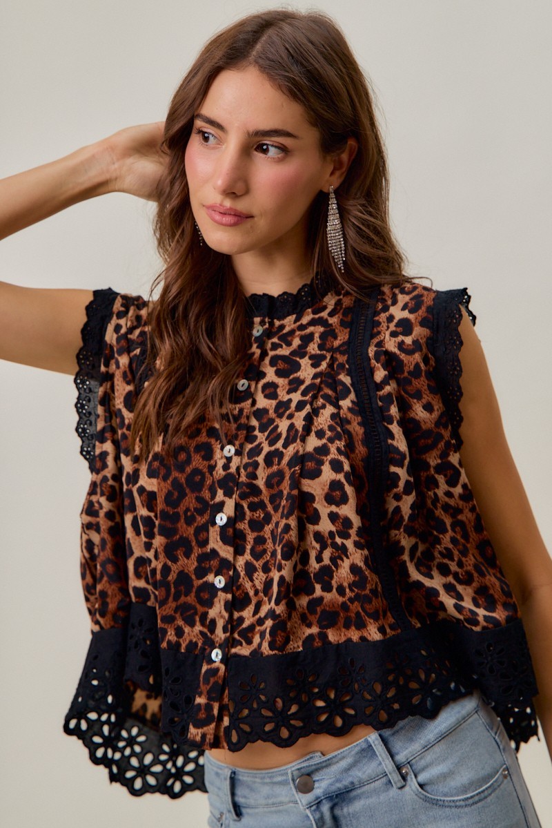 Leopard Button Up Pleated Sleeveless Blouse Top