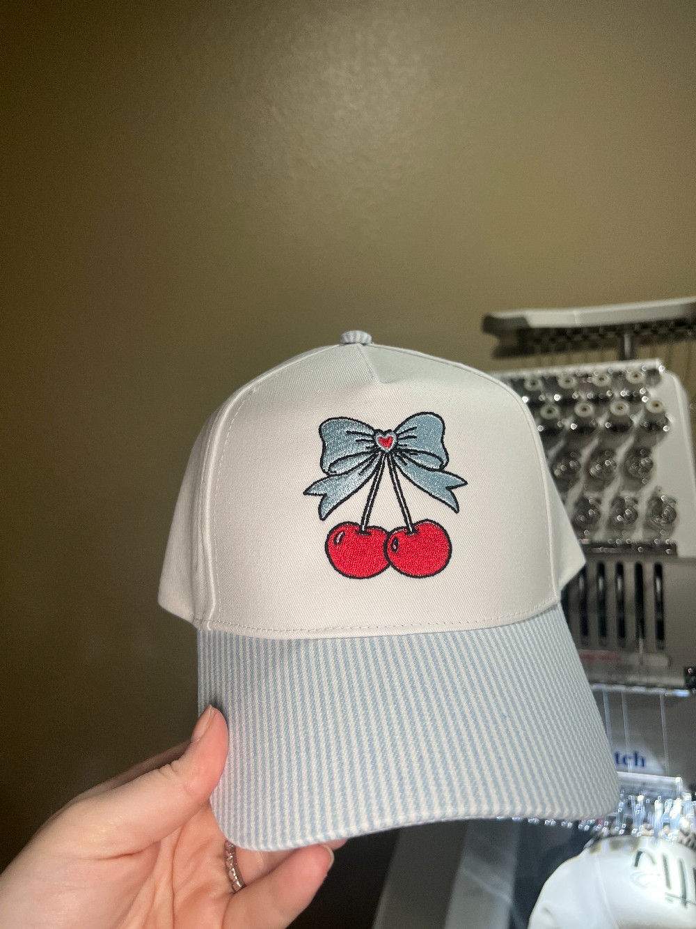 Striped Cherry Bow Structured Embroidered Hat
