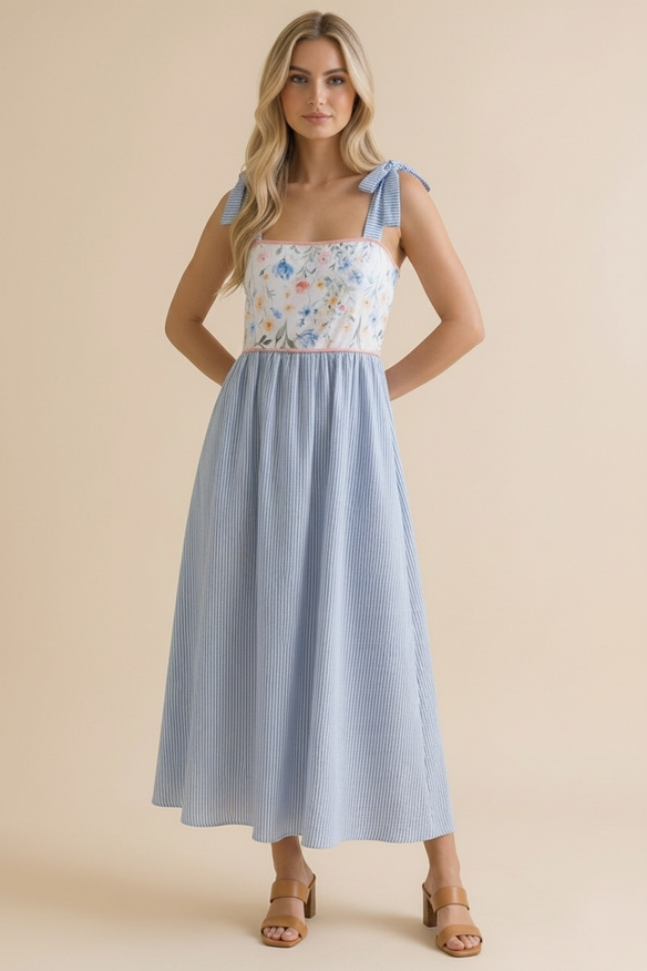 Floral Print Tube Top Bow Strap Dress -Blue