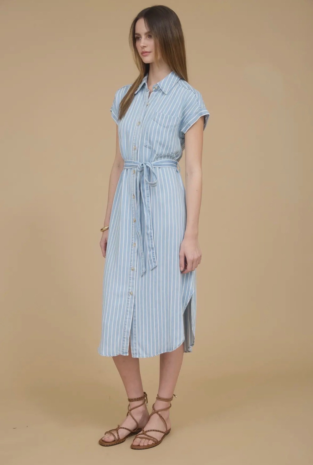 Stripe Chambray Collared Tie Belt Strap Midi Dress