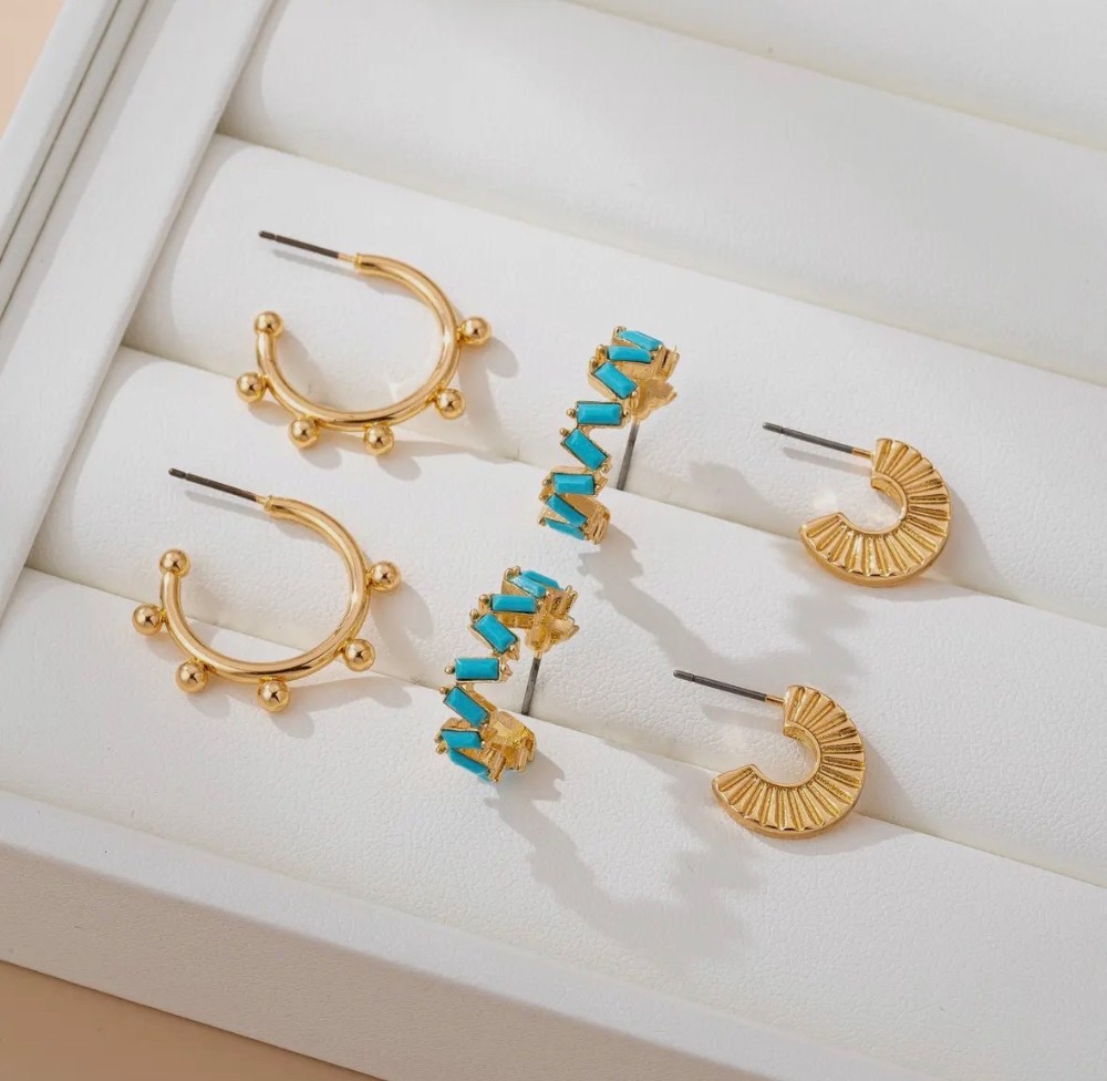 Turquoise Enamel Hoop Trio Earring Set
