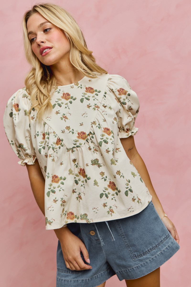 FLORAL ROSE PRINT DENIM SHORT SLEEVES TOP