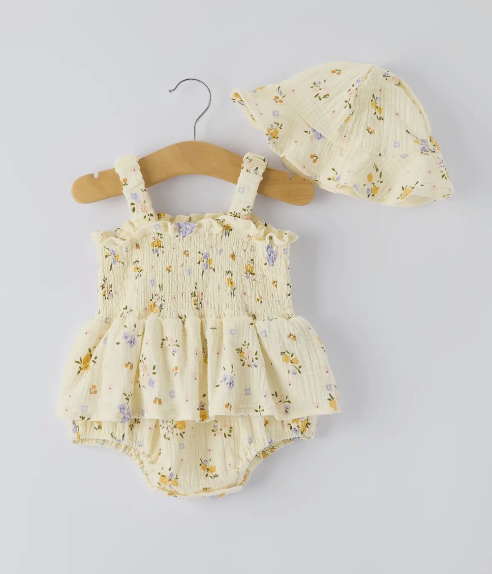 Floral Smocked Baby Romper & Hat