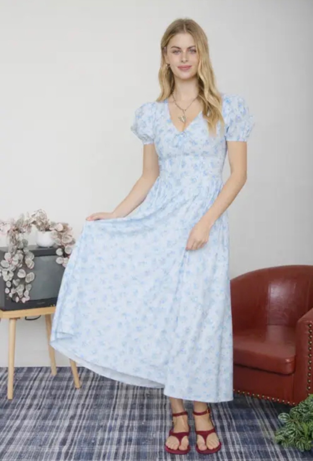 Floral Puff Sleeve V Neck Corset Detail Midi Dress