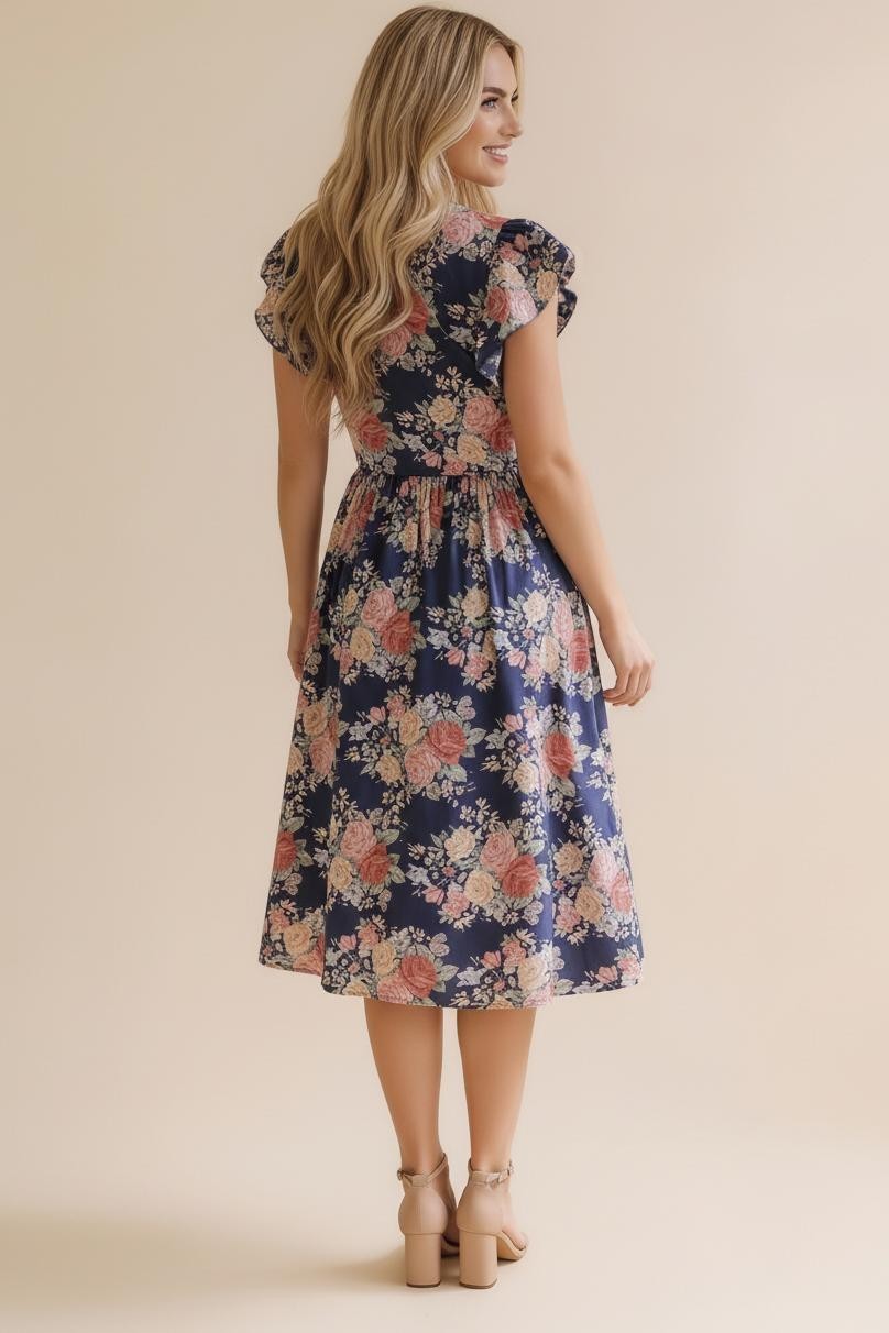 Folded Ruffle Sleeve Babydoll Floral Knit Dress