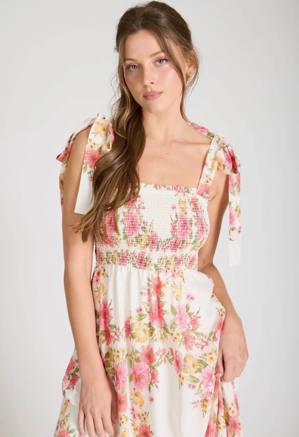 Floral Tie Strap Smocked Border Print Midi Dress - Red