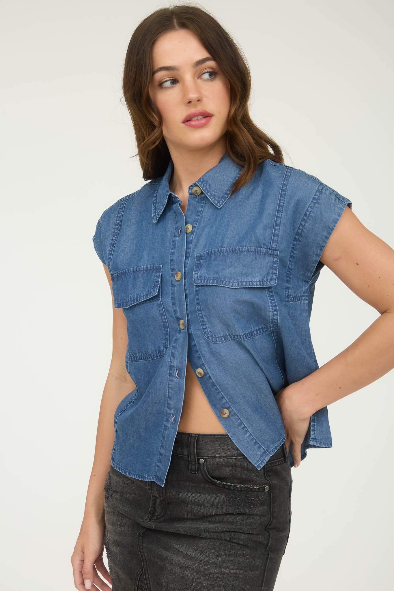 Chambray Collared Pocket Flap Button Down Shirt