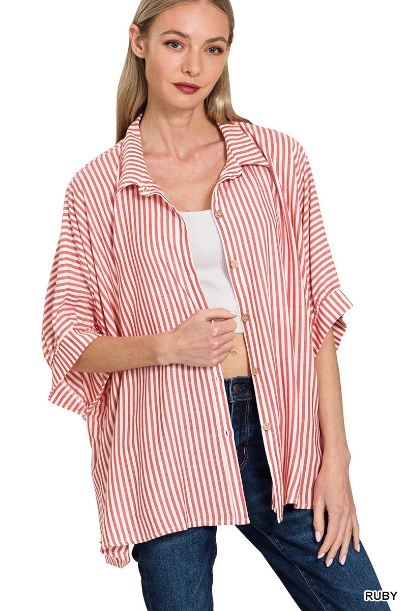 Rayon Striped Short Sleeve Button Up Shirt - Ruby