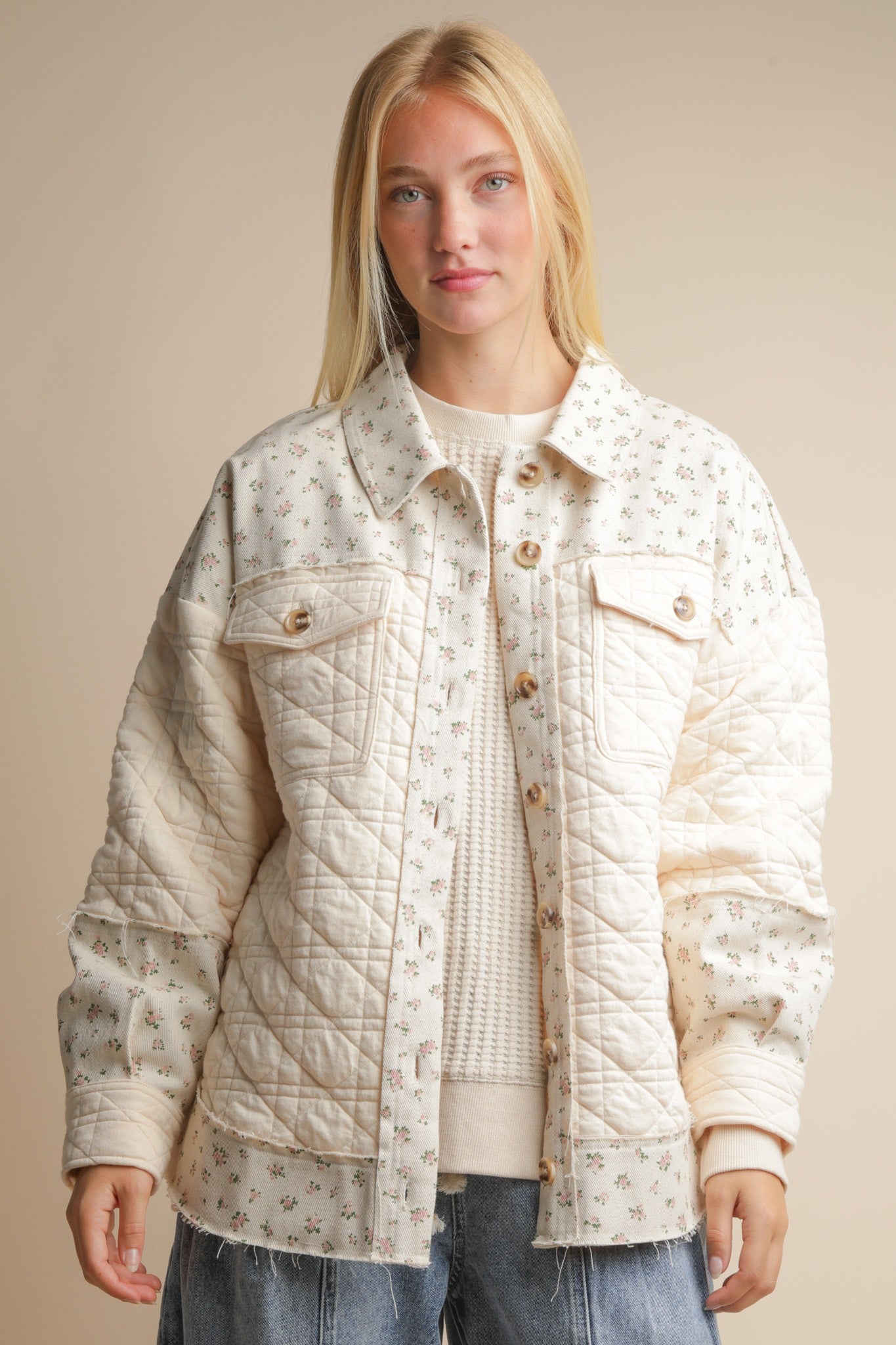 Oversized Floral Printed Contrast Cotton Jacket