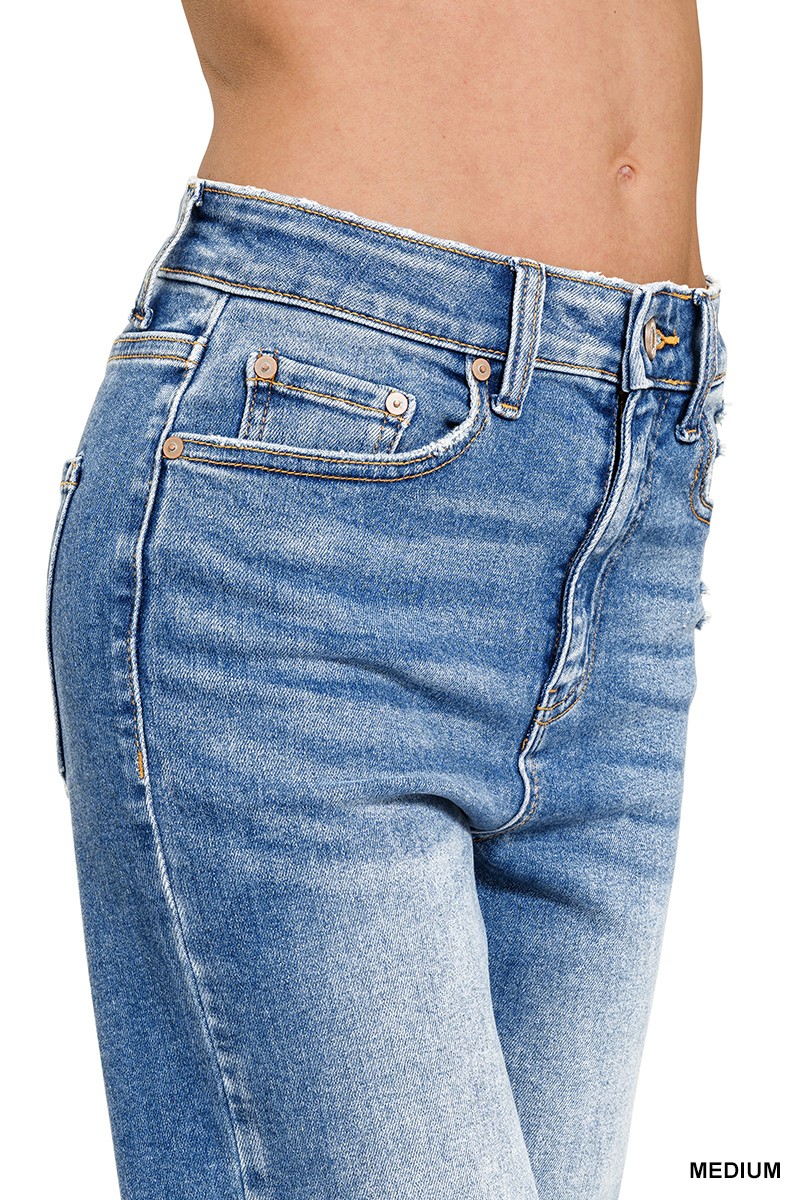 Mid Rise Straight Raw Hem Denim Pants