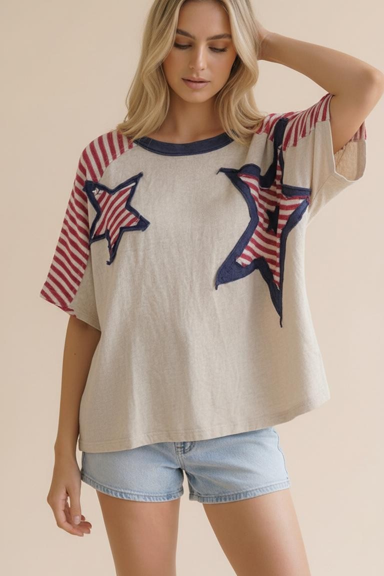 Oversized Star Patch Stripe Color Block Top