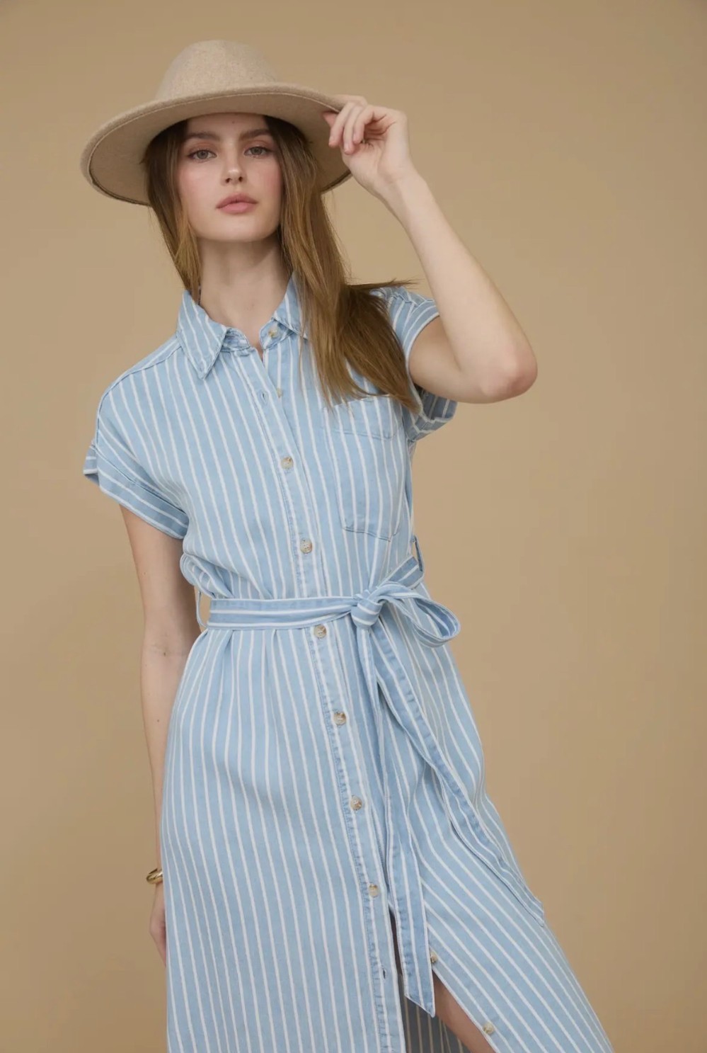 Stripe Chambray Collared Tie Belt Strap Midi Dress