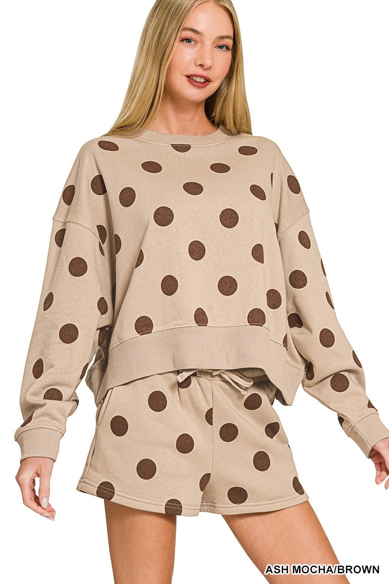 Fleece Polka Dot Print Round Neck Pullover & Shorts Set - Brown