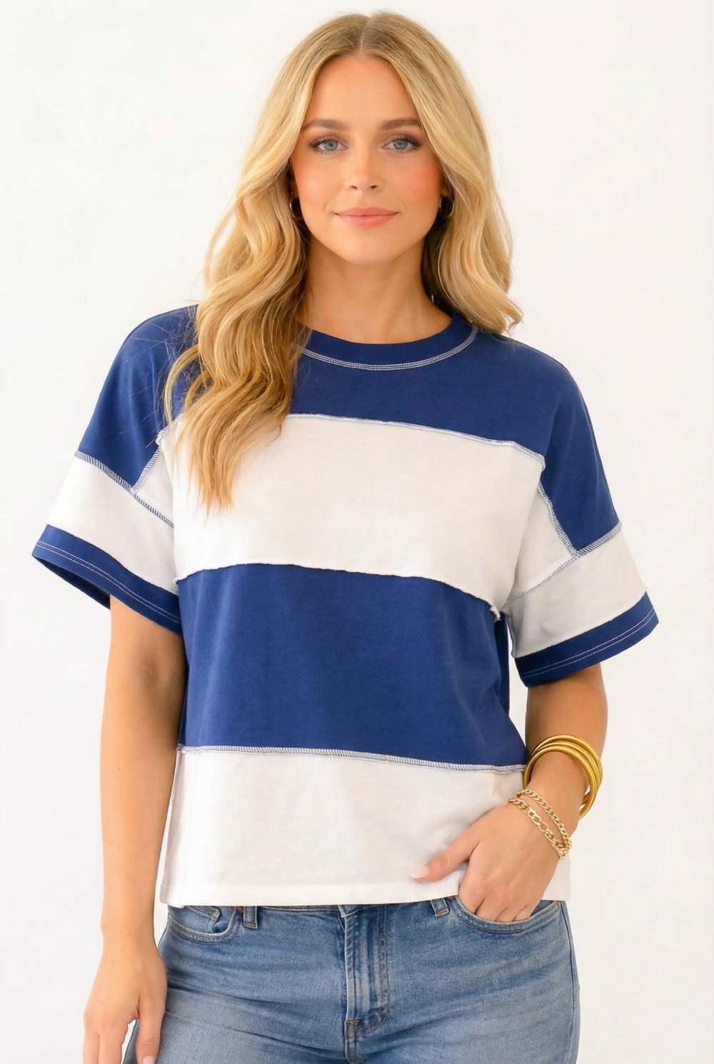 Colorblock Exposed Seam Oversized Tee - Navy