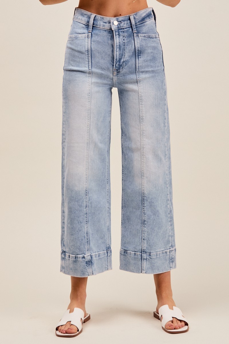 Mid Rise Stretch Wide Leg Denim Jeans Pants