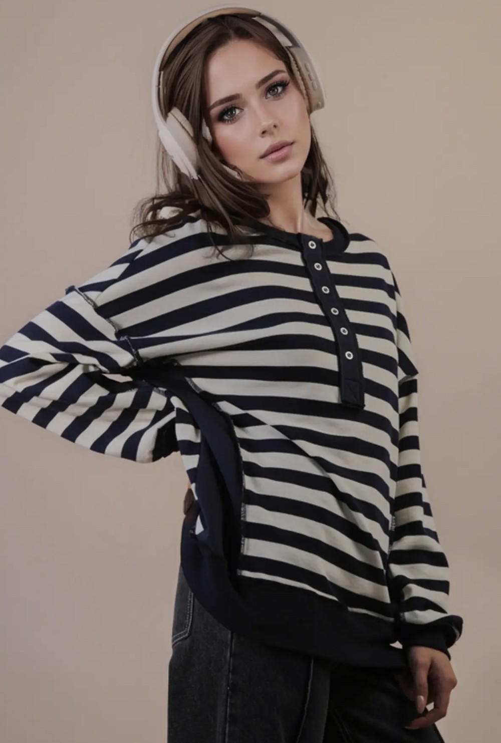 Oversized Striped Half Button Down Casual Knit Top