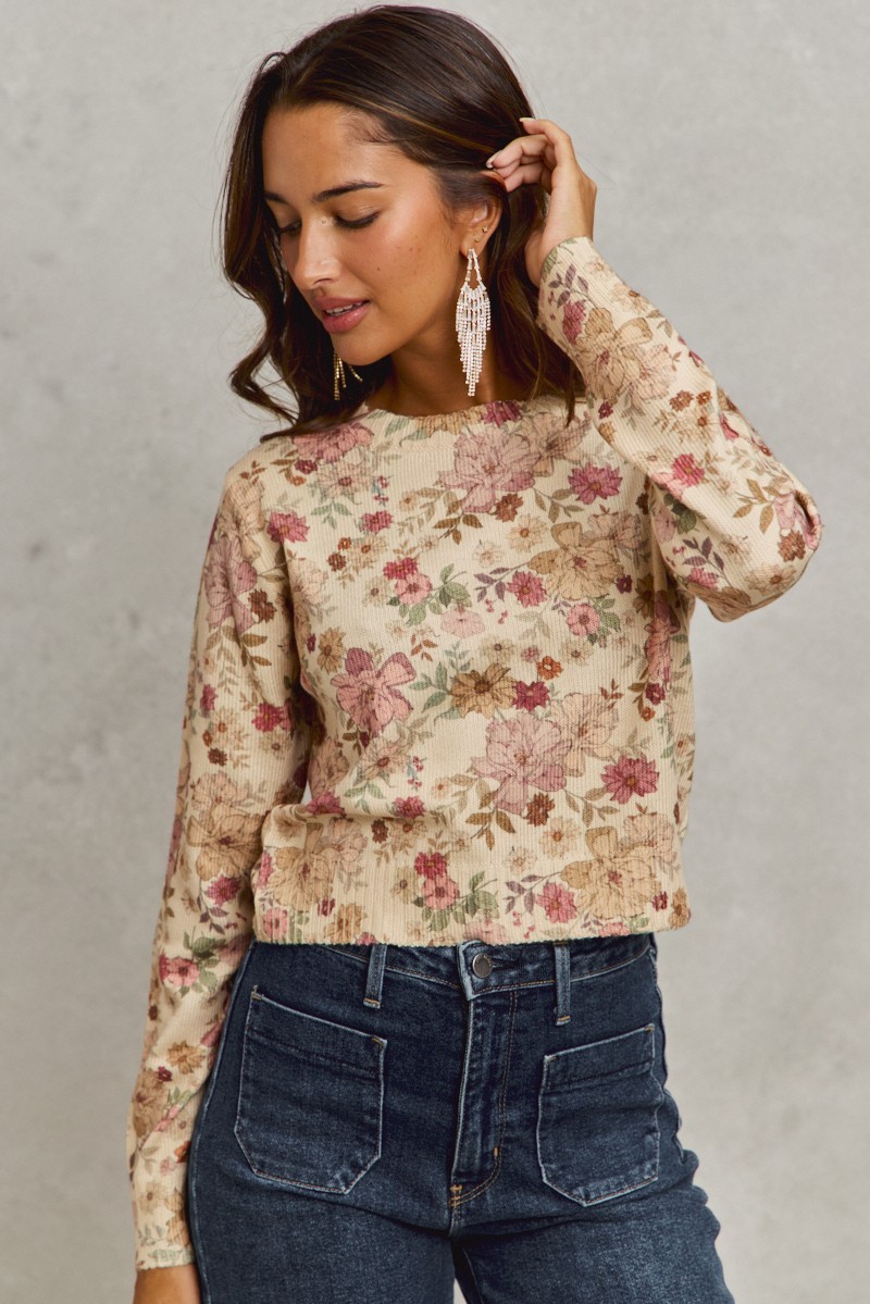Floral Crew Neck Long Sleeves Sweater Knit Top