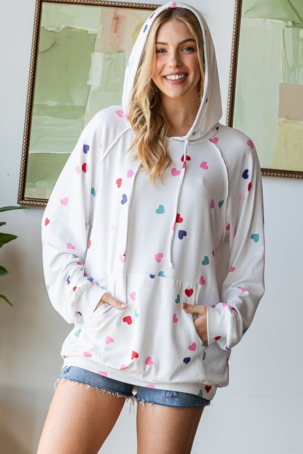 Heart Print Knit Hoodie Top