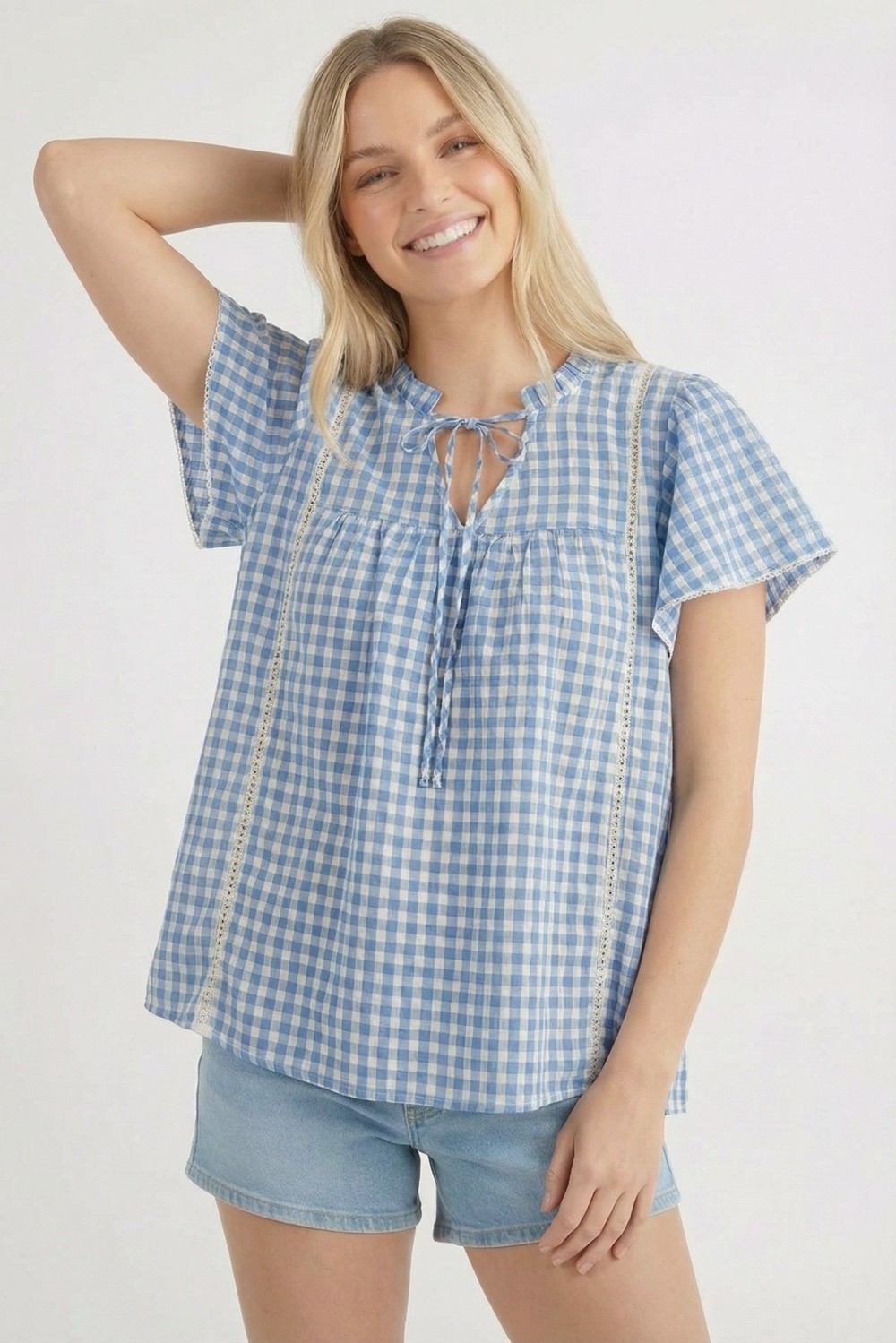 Frill Neck Gingham Crochet Lace Blouse