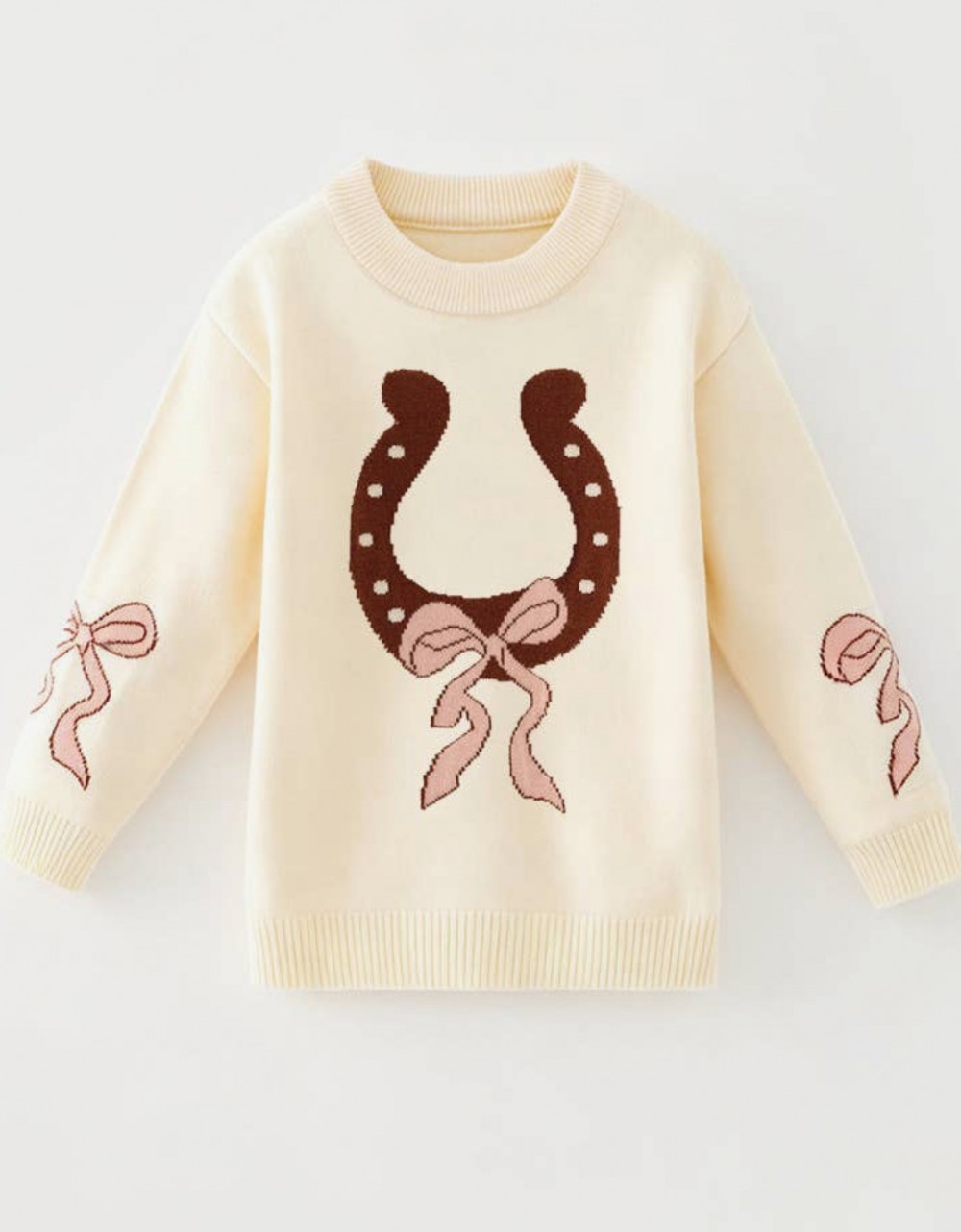 Horseshoe Knit Sweater Pink Bow Sleeves