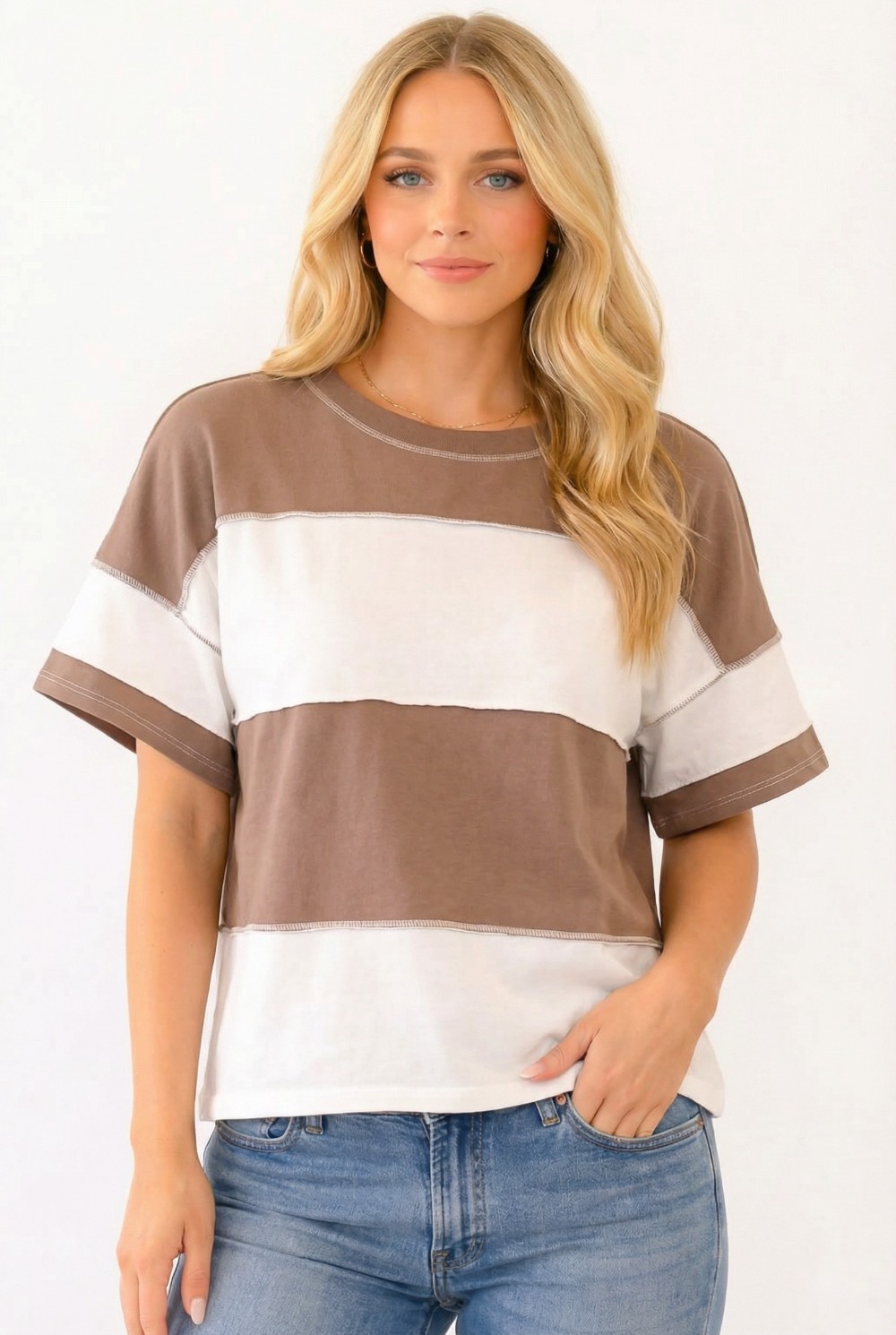 Colorblock Exposed Seam Oversized Tee - Mocha