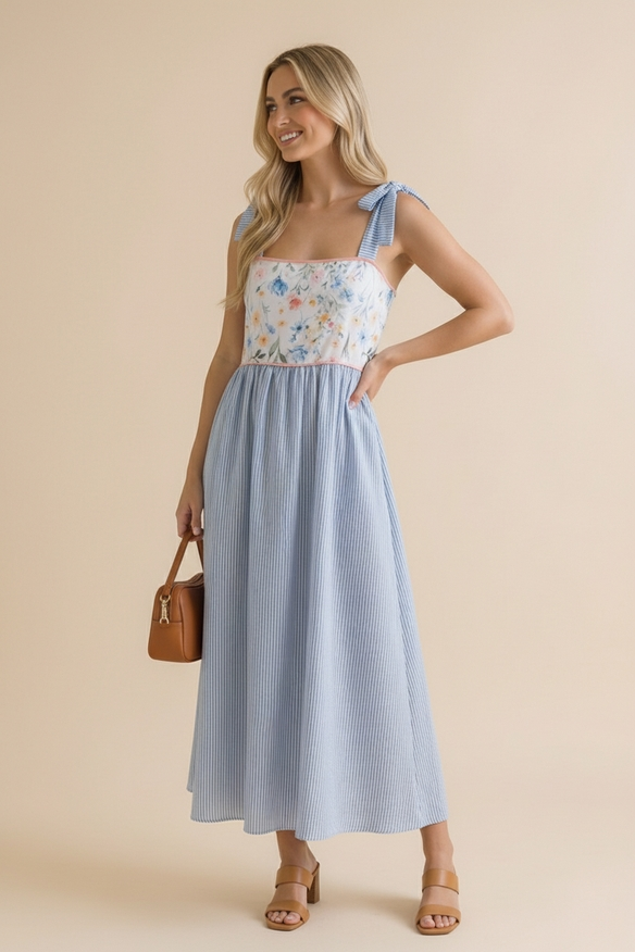 Floral Print Tube Top Bow Strap Dress -Blue