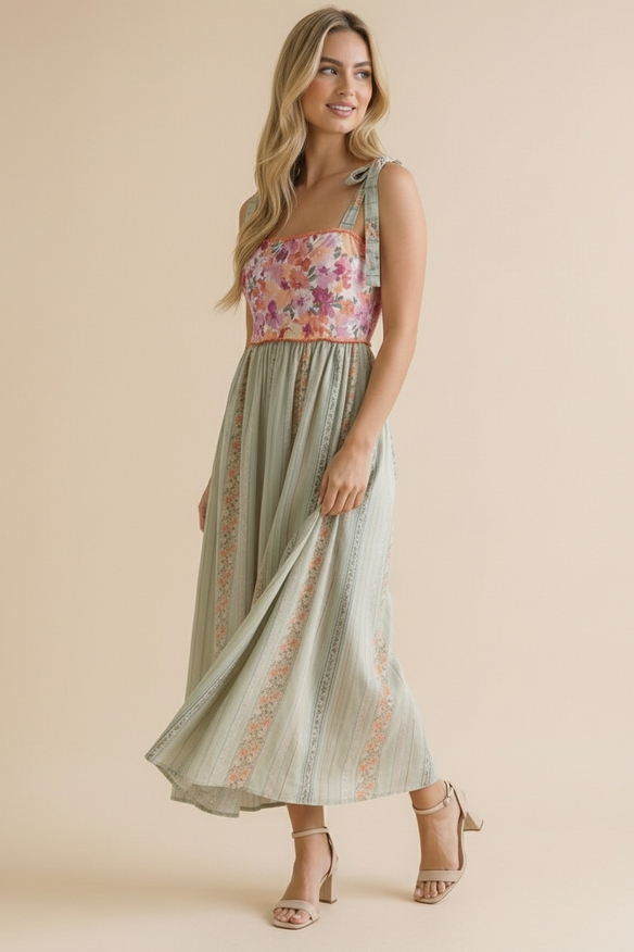 Floral Tube Tie Shoulder Woven Midi Dress - Coral
