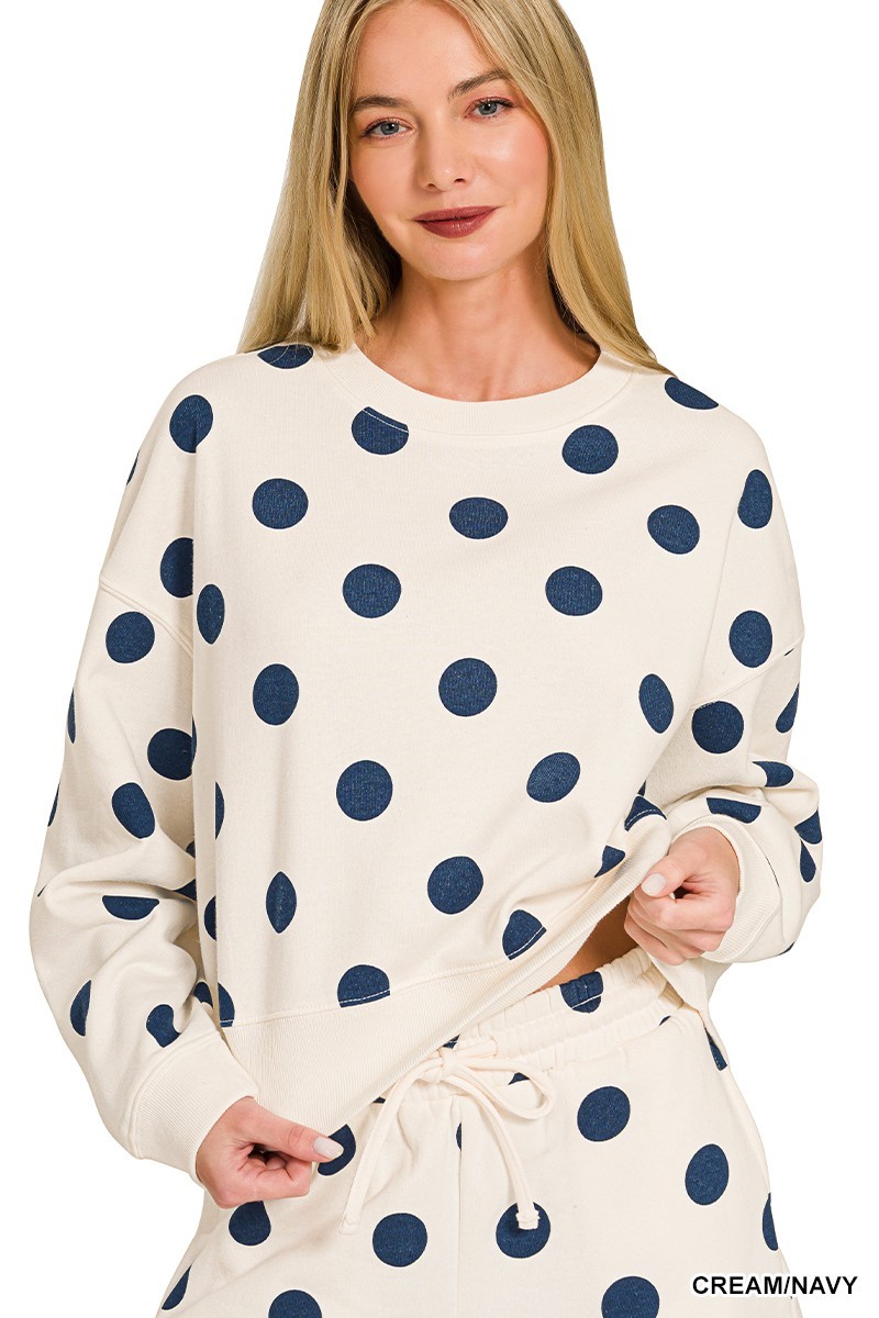 Fleece Polka Dot Print Round Neck Pullover & Shorts Set - Cream/Navy