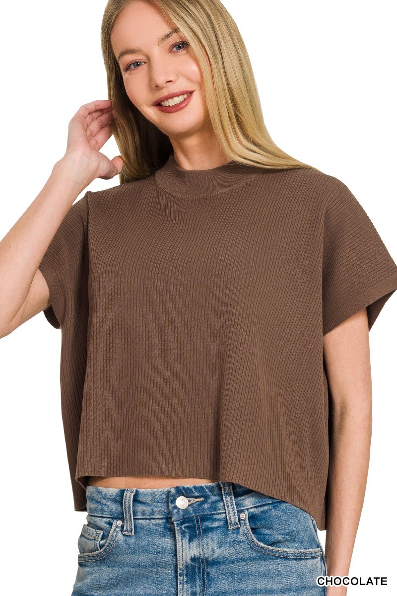 Viscose Mock Neck Short Sleeve Boxy Sweater - Dk Brown