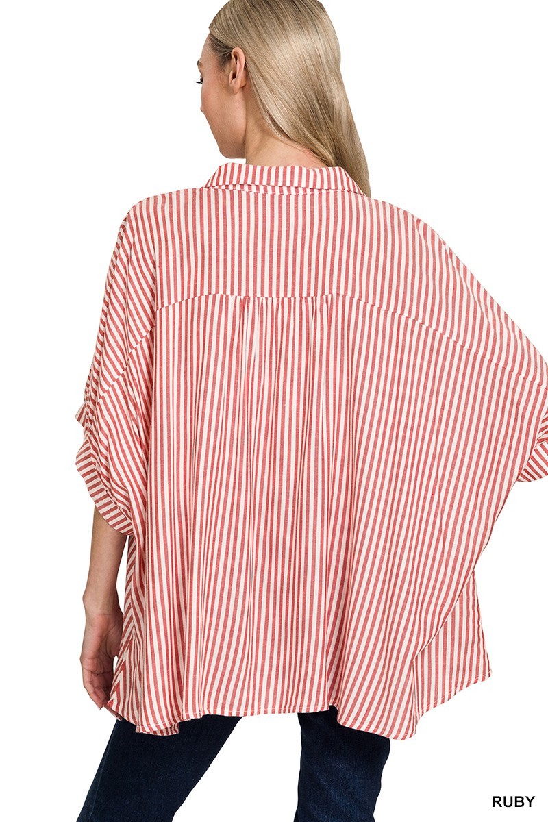 Rayon Striped Short Sleeve Button Up Shirt - Ruby