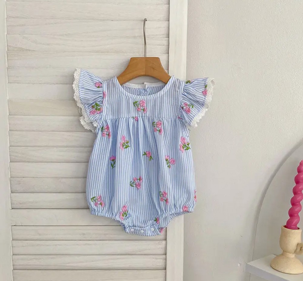 Floral Stripe Embroidery Ruffle Sleeve Romper