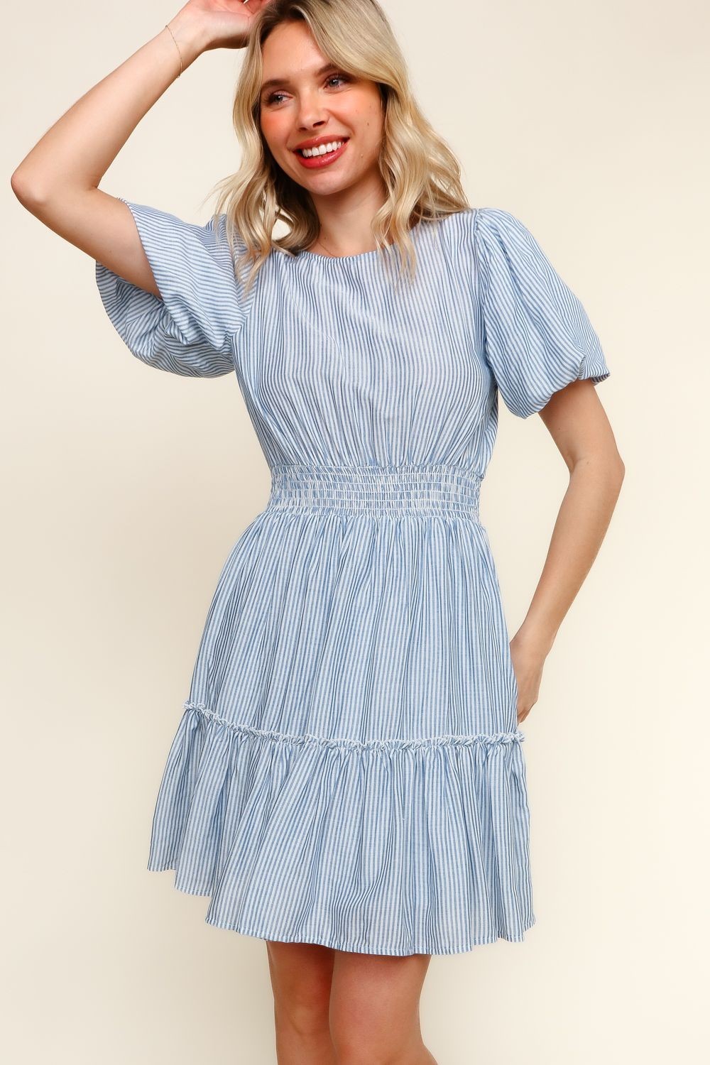 Bubble Sleeve Smock Tiered Stripe Dress