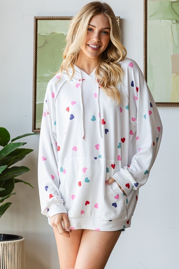 Heart Print Knit Hoodie Top