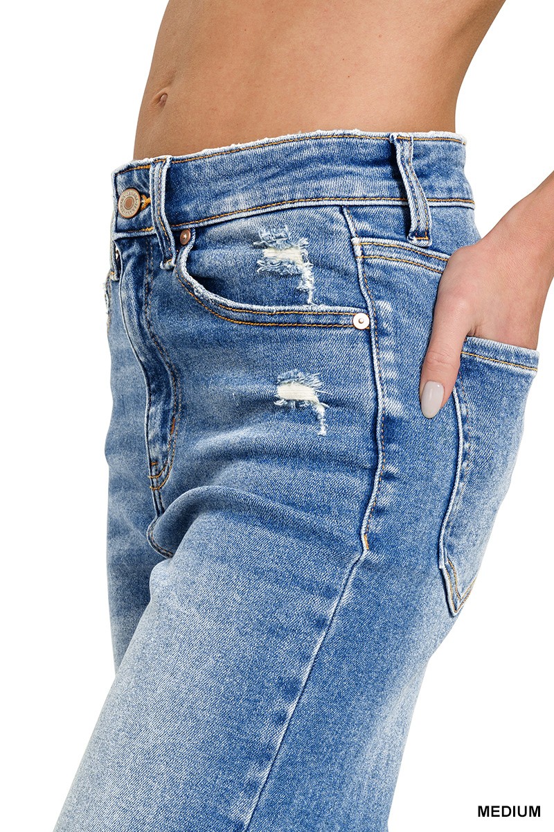 Mid Rise Straight Raw Hem Denim Pants