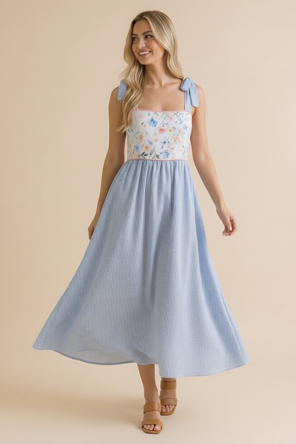 Floral Print Tube Top Bow Strap Dress -Blue
