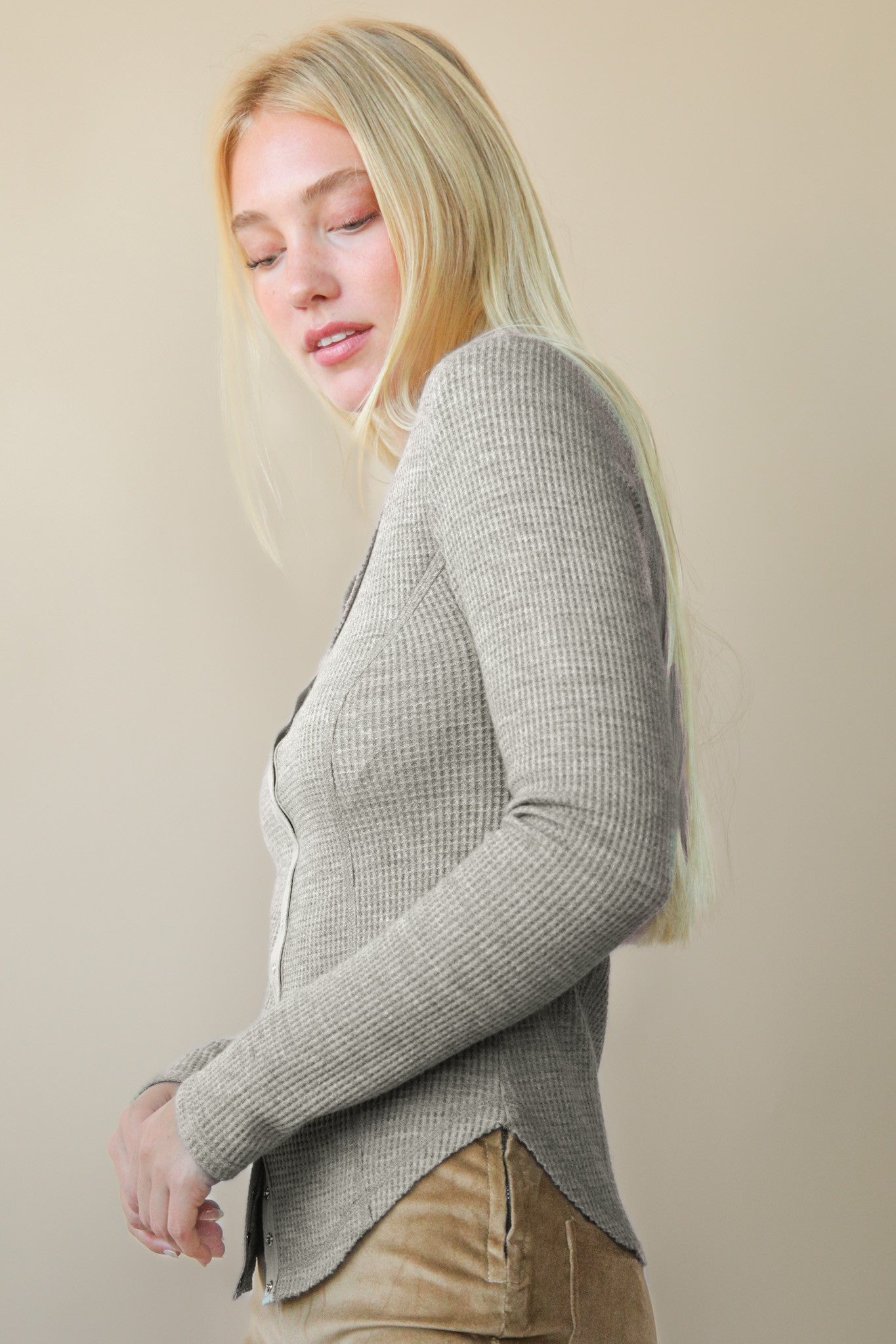 Button Down Fitted Knit Casual Top Olive