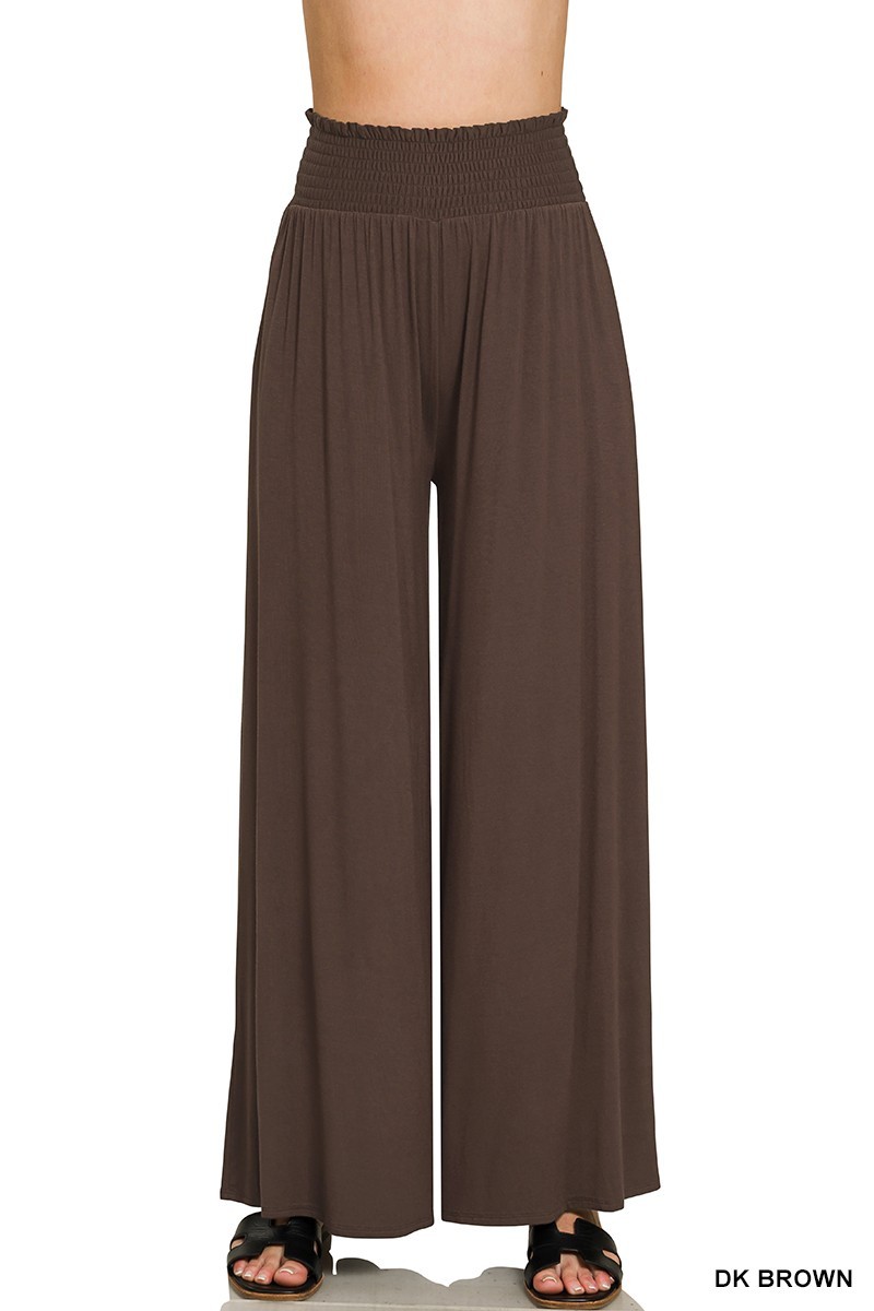 Smocked Waist Wide Leg Palazzo Pants - Dark Brown