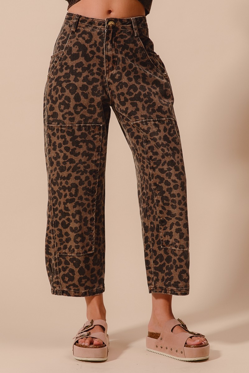 Two Toned Leopard Print Twill Mid Rise Wide Pants