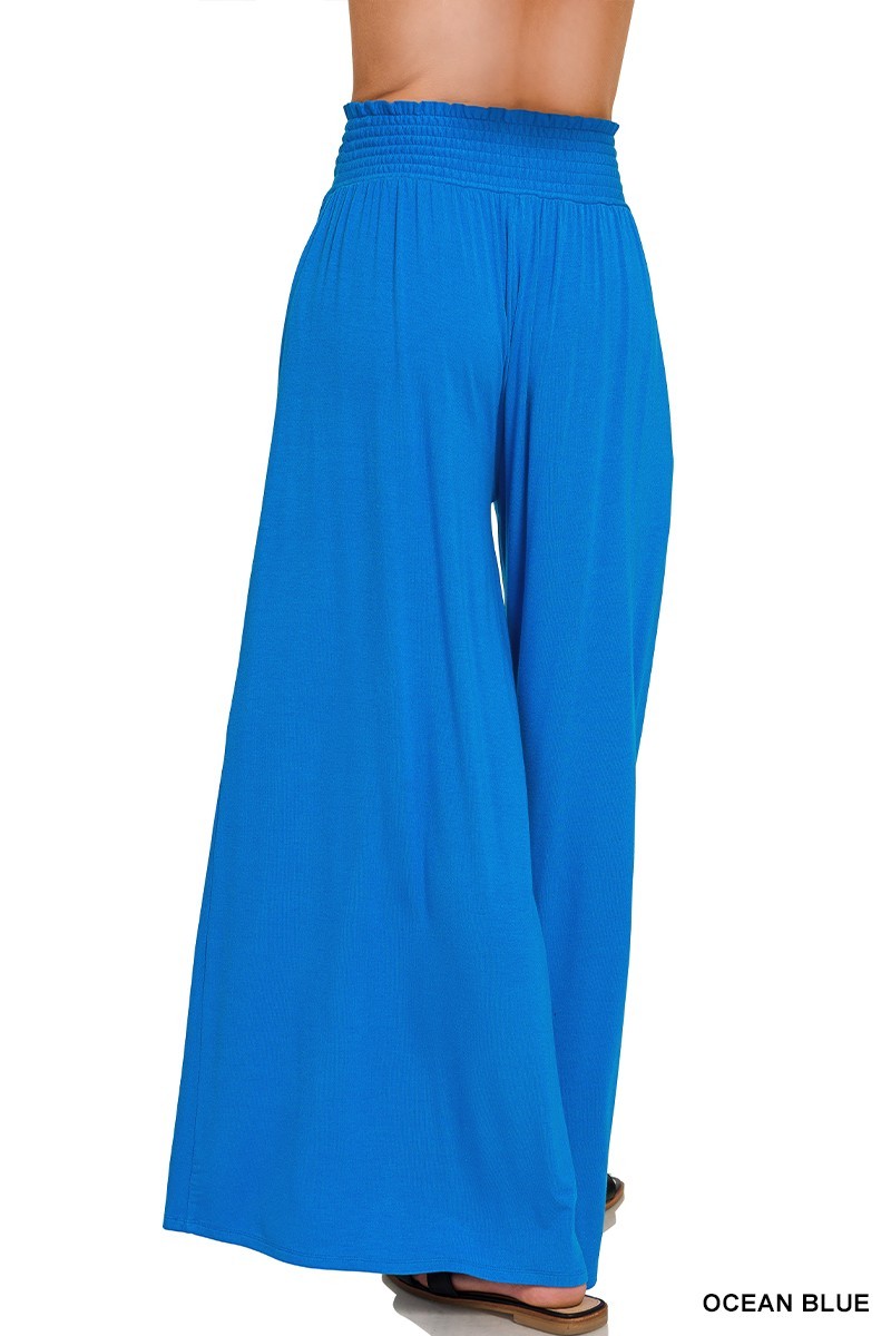 Smocked Waist Wide Leg Palazzo Pants - Blue