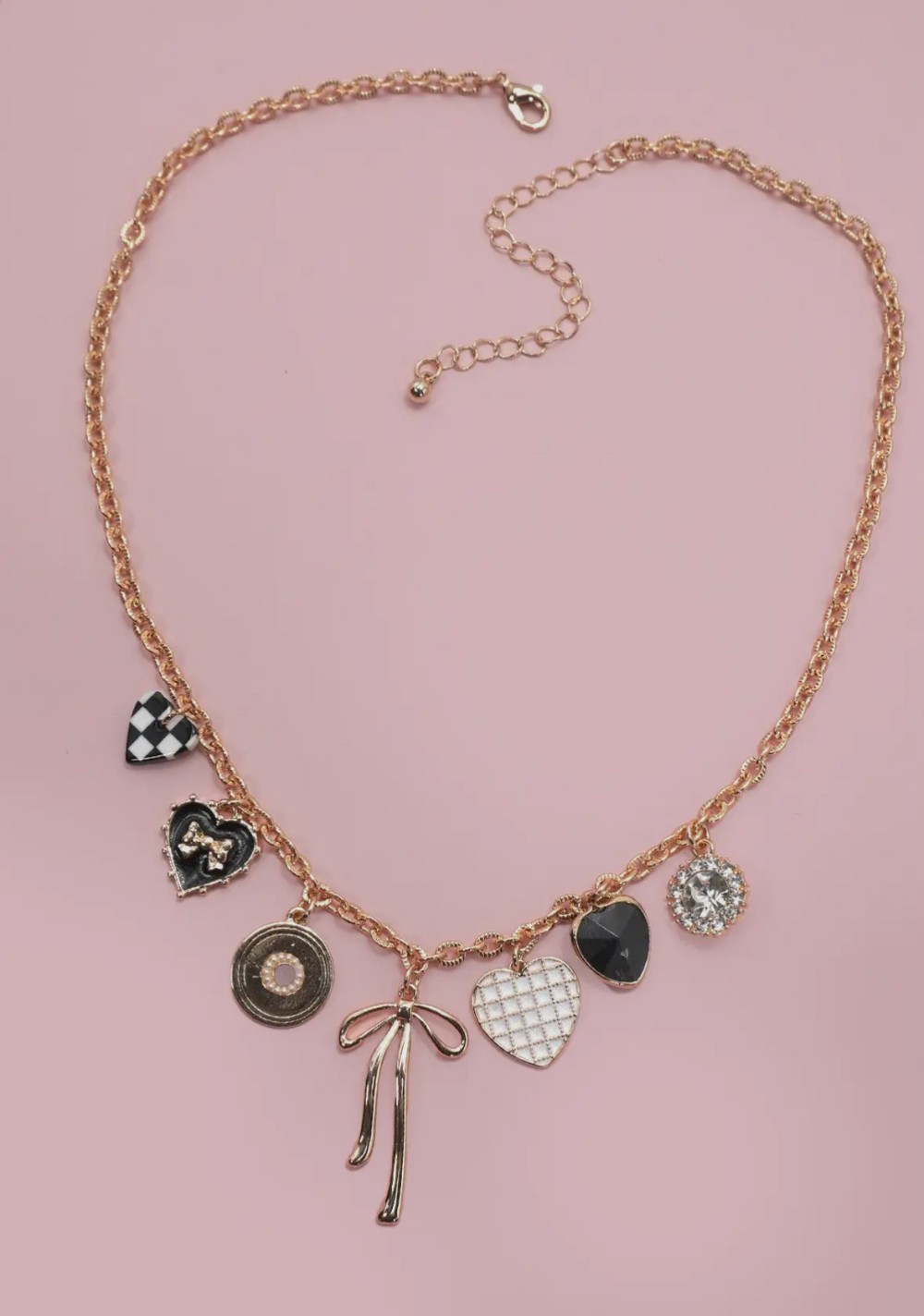 Charm Necklace - Bow Checker Heart Rhinestone