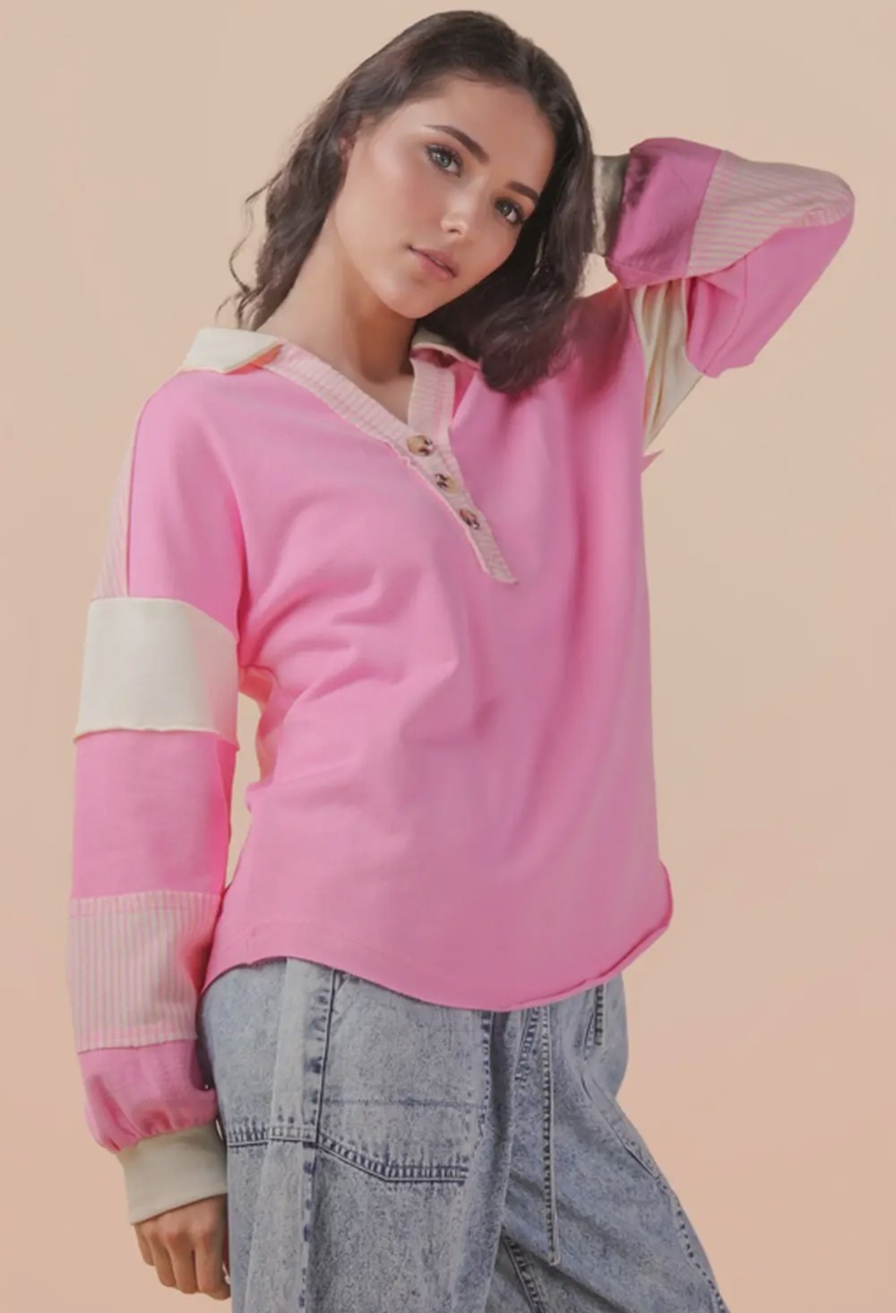 Color Block Oversized Casual Knit Top - Pink