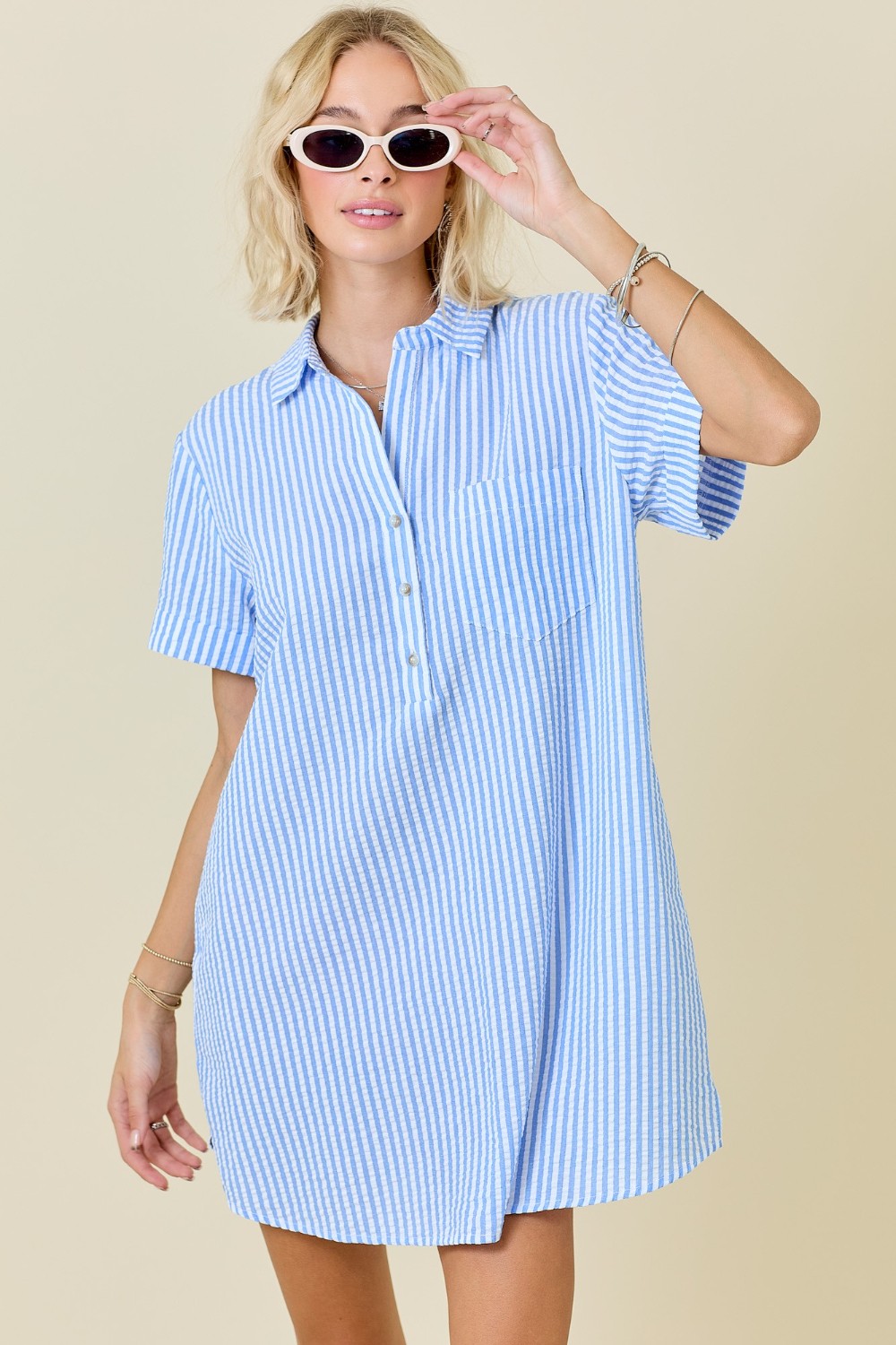 Striped Seersucker Easy Shirt Dress W/ Pockets - Blue