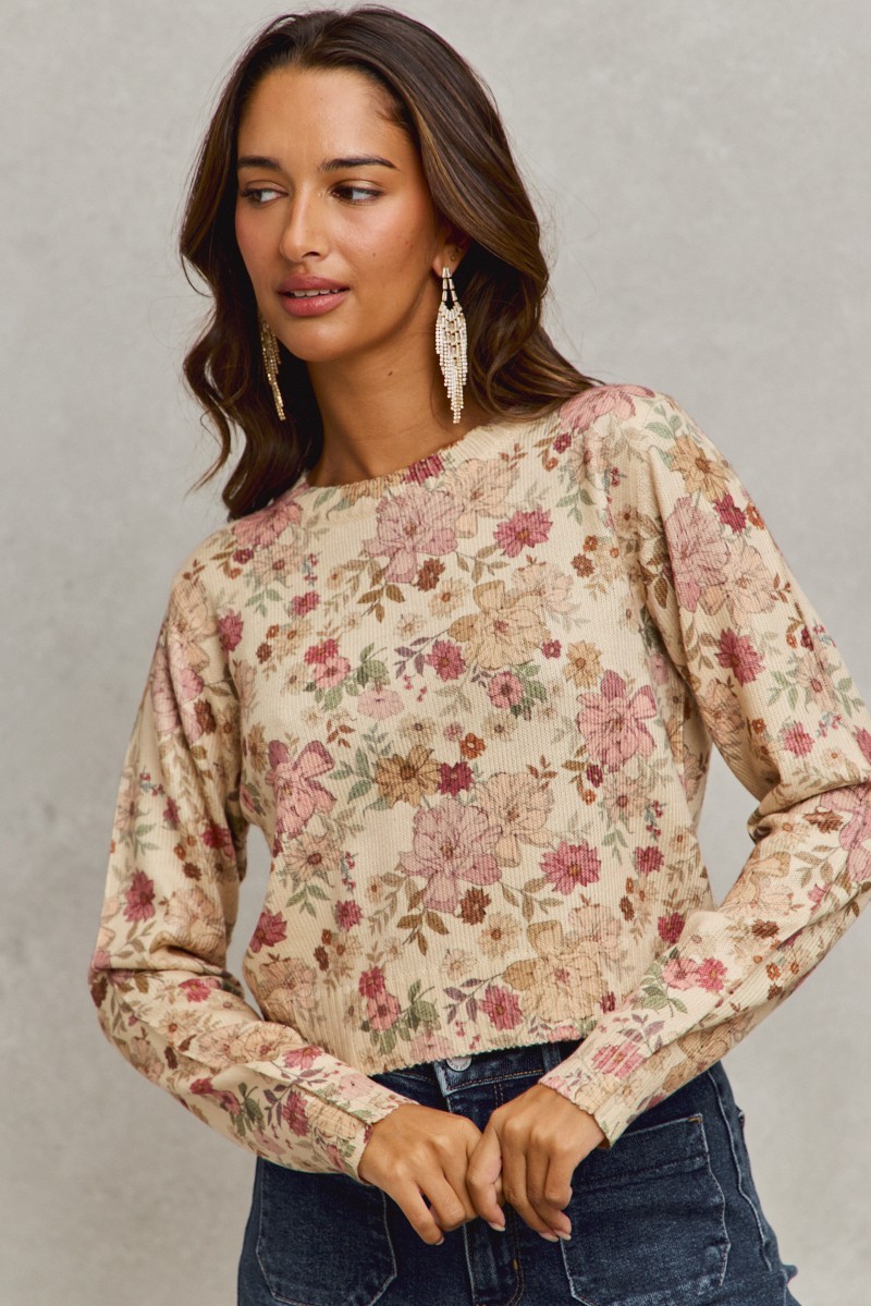 Floral Crew Neck Long Sleeves Sweater Knit Top