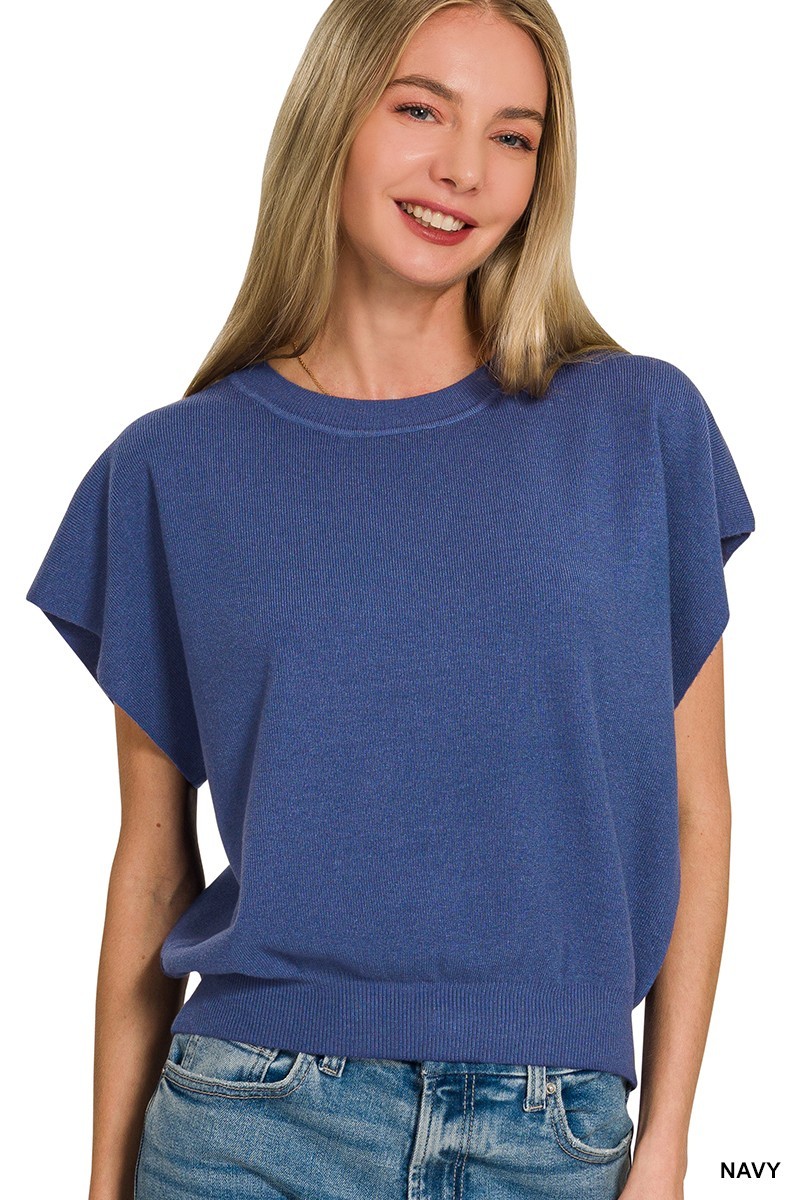Round Neck Short Dolman Sleeve Sweater - Navy