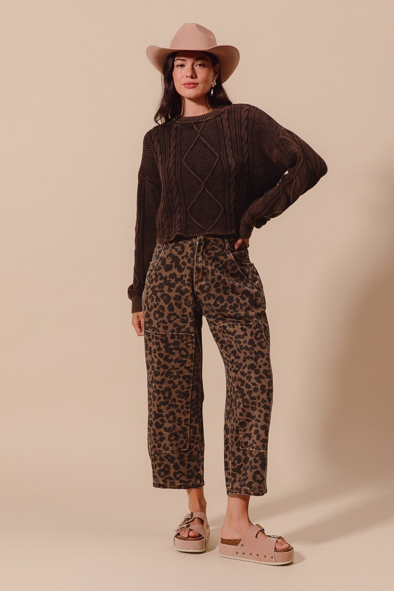 Two Toned Leopard Print Twill Mid Rise Wide Pants