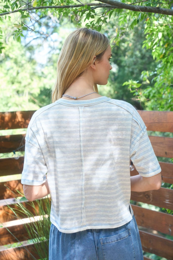 Stripe Exposed Seam Henley Boxy Knit Top