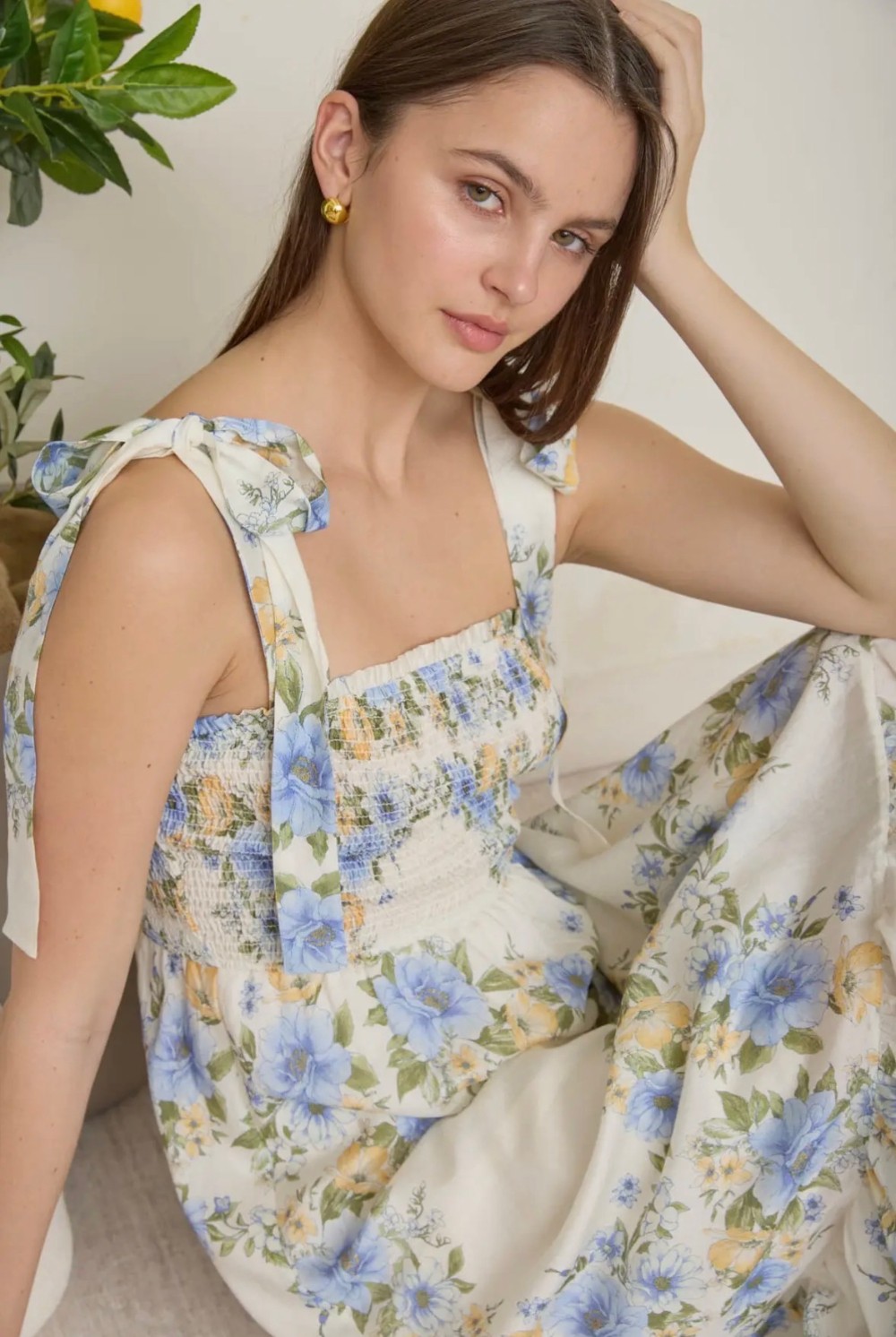 Floral Tie Strap Smocked Border Print Midi Dress - Blue