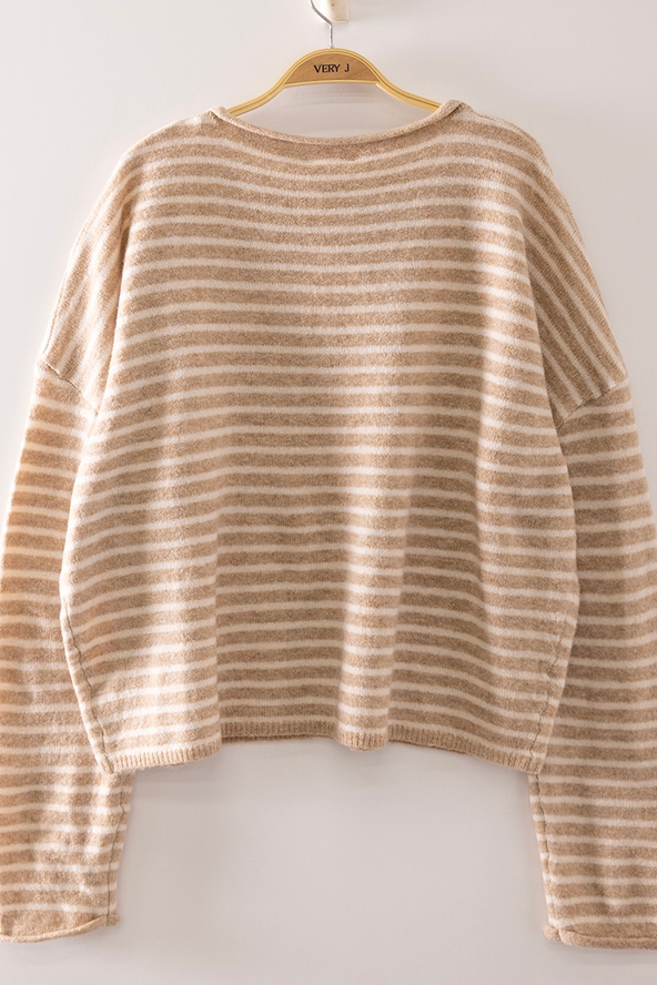 Button Down Stripe Sweater - Mocha