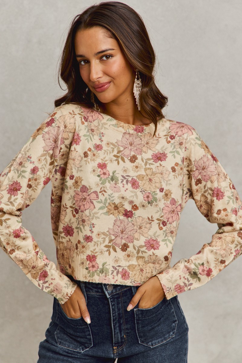 Floral Crew Neck Long Sleeves Sweater Knit Top